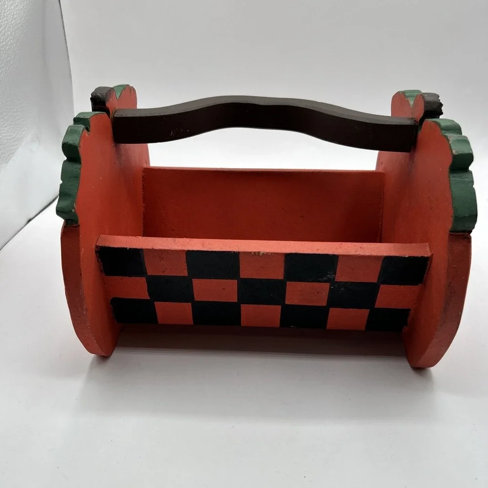 Pumpkin Wood Caddy Halloween Decor Orange Checkered Folk Art Hand Painted